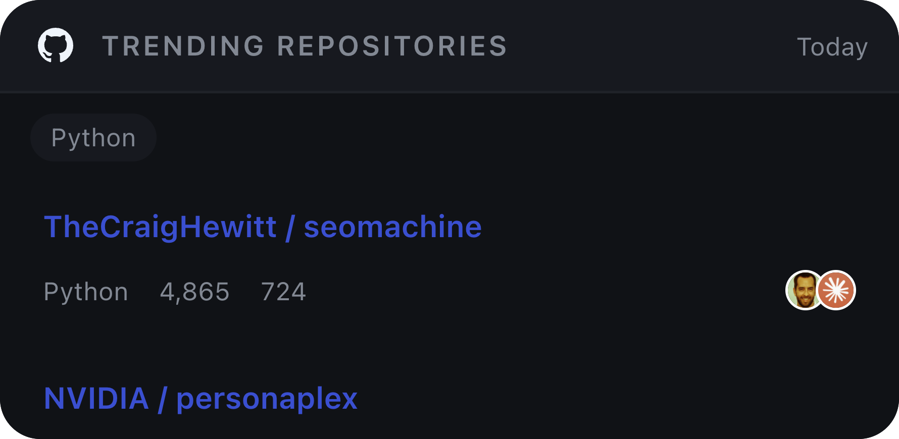 GitHub Trending Repositories desktop widget preview